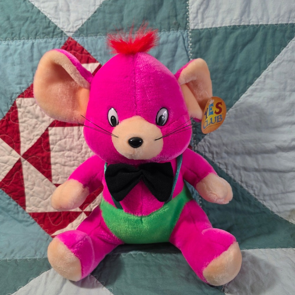 Vintage Yes Club A&A Plush Neon Pink Mouse‎ Stuffed Animal Green Suspenders 12"